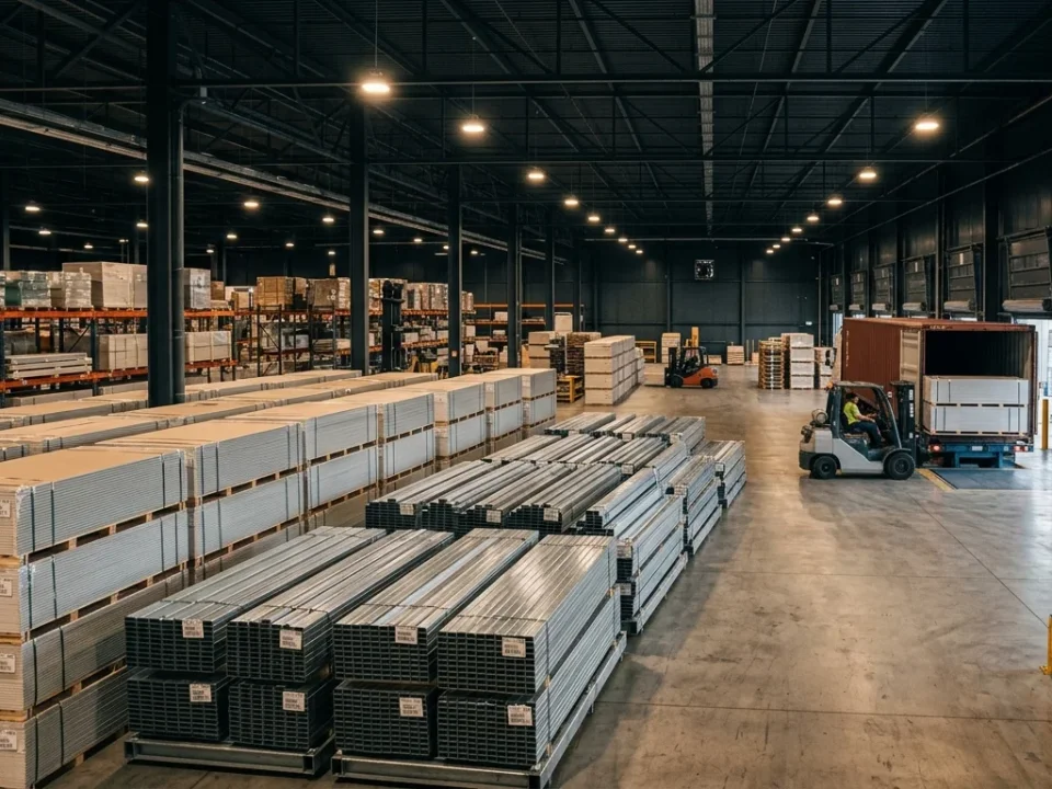 Export-packed wooden pallets of fibre cement boards prepared for international wholesale importers