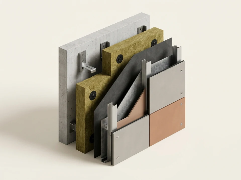 Coupe architecturale détaillée d’une façade ventilée SerFibro montrant équerres porteuses, laine de roche Euroclasse A1, écran pare-pluie respirant, ossature verticale SerProfil acier galvanisé ou aluminium, joints EPDM et parement extérieur en fibres-ciment