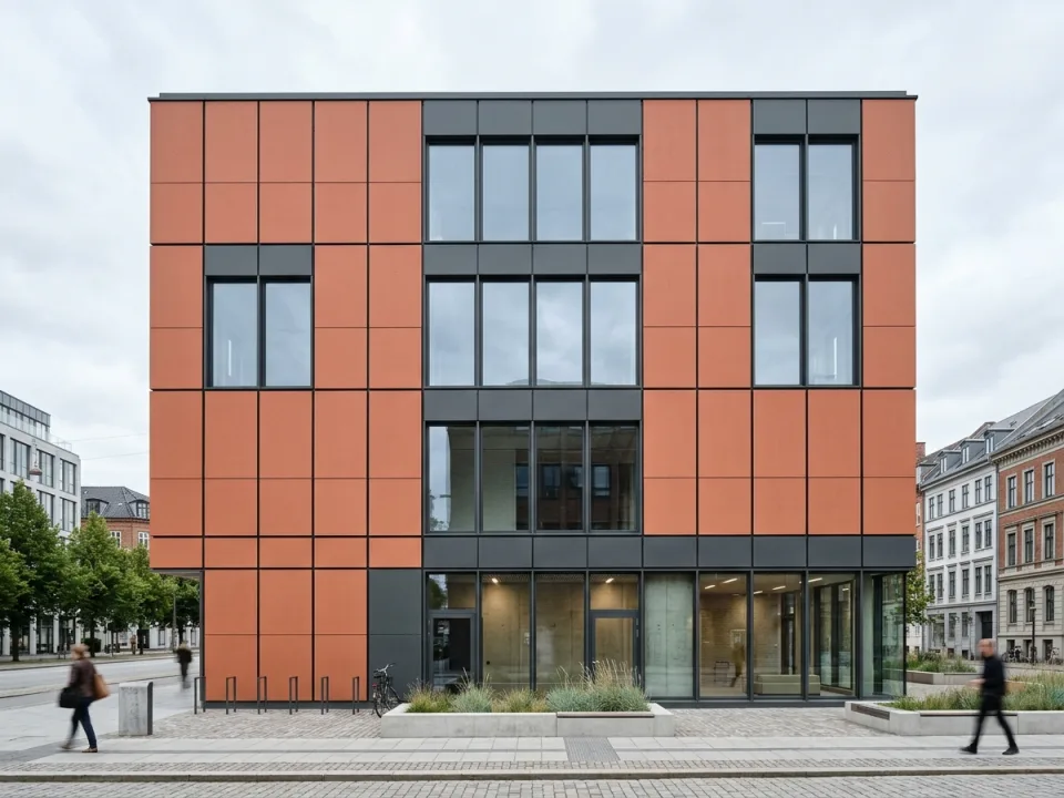 Conceptual architectural facade example showing terracotta and anthracite through-coloured smooth fibre cement panels with open ventilated joints