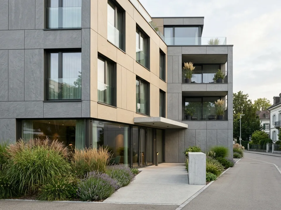 Material lookbook visual of warm beige and natural grey stone-textured through-coloured fibre cement facade panels