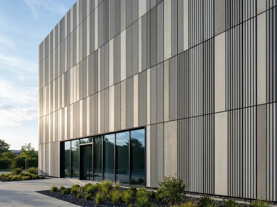 Architectural material example of vertical striped through-coloured grey fibre cement panels in oblique daylight