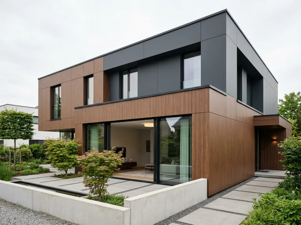 Conceptual villa exterior combining wood-textured through-coloured fibre cement panels with matte anthracite smooth panels