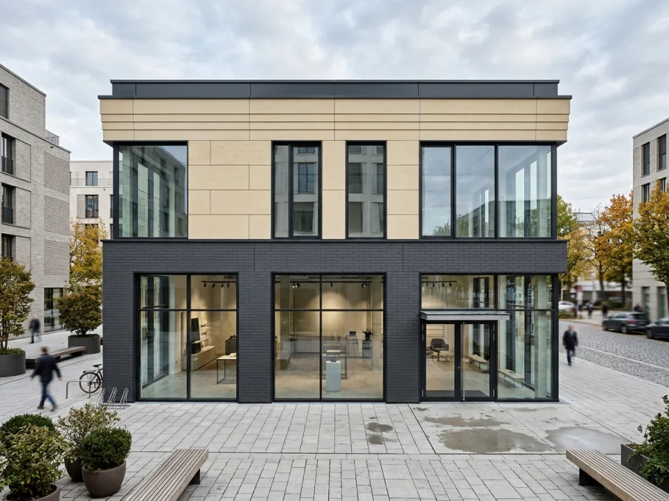 Commercial showroom exterior combining charcoal painted brick-effect fibre cement panels and warm stone-textured panels