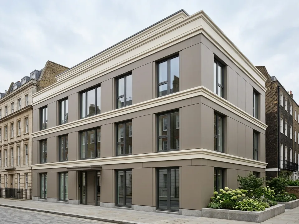 Architectural exterior example of a four-storey building featuring painted off-white 20 mm fibre cement horizontal floor-band cornice profiles across taupe cladding