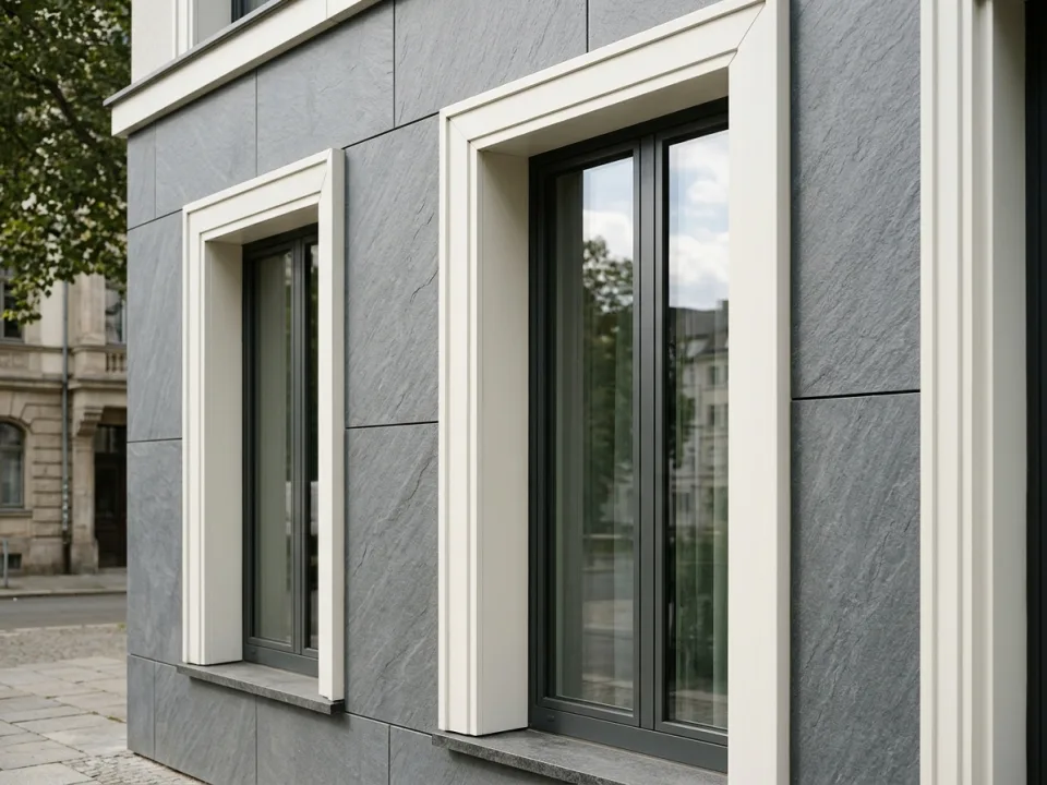Close-up architectural facade example showing crisp off-white painted 20 mm stepped fibre cement window jamb surrounds framing dark windows on slate-grey cladding