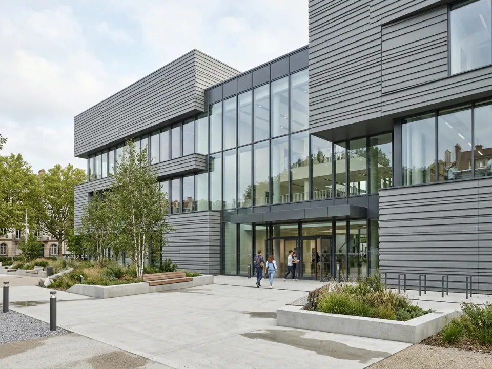 Modern public building facade clad in painted warm-grey grooved fibre cement panels with rhythmic horizontal channels