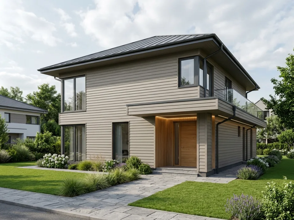 Architectural example of horizontal overlapping painted wood-grain fibre cement lap-siding planks on a two-storey villa