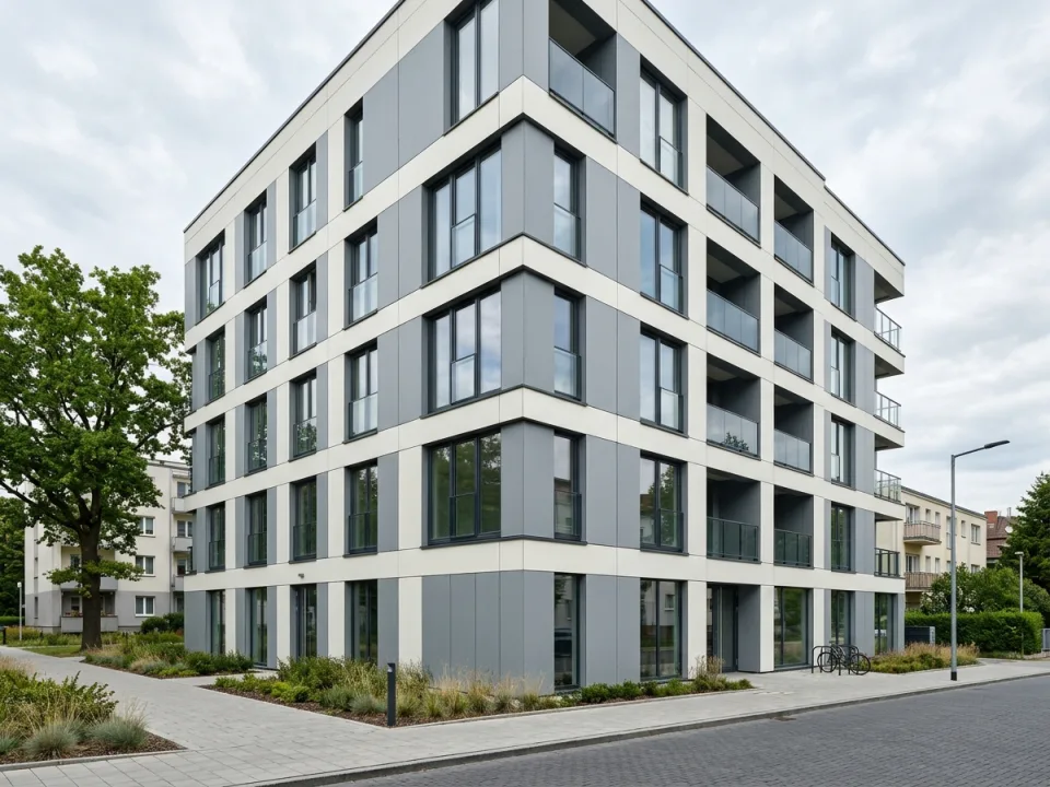 Conceptual European apartment complex clad in painted off-white and slate-grey smooth exterior fibre cement boards