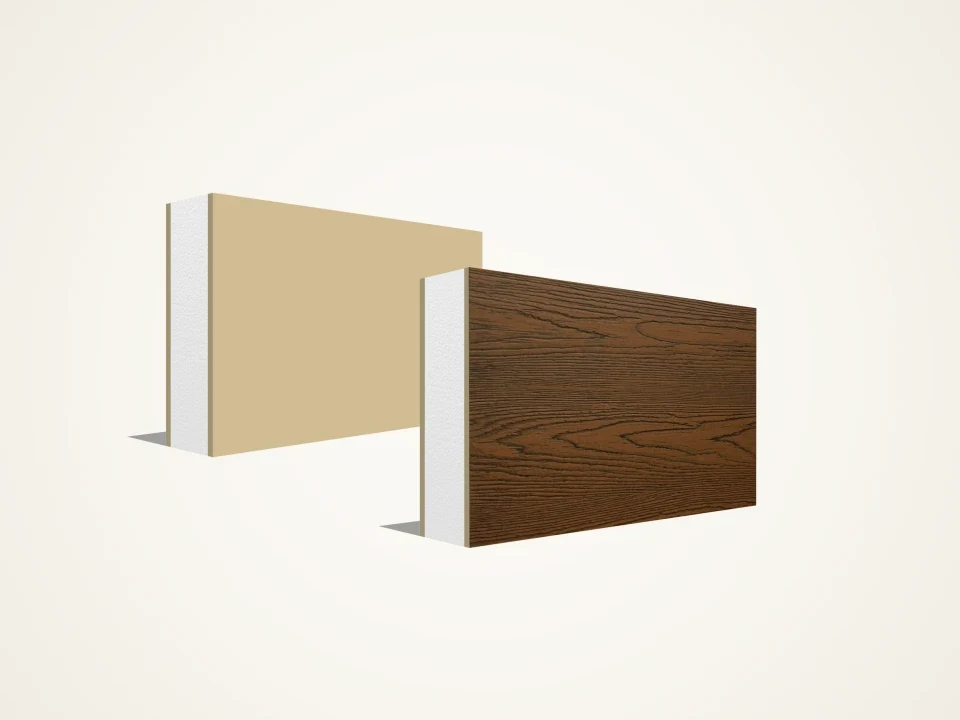 Studio cross-section cutaway of SerFibro Panel showing smooth and textured 8 mm autoclaved fibre cement outer skins bonded to a white 16 DNS EPS insulation core