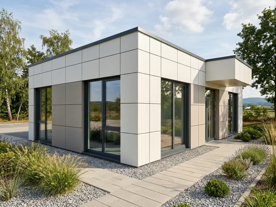 Contemporary European single-storey modular engineering office clad in off-white flat smooth insulated fibre cement wall panels with anthracite aluminium windows