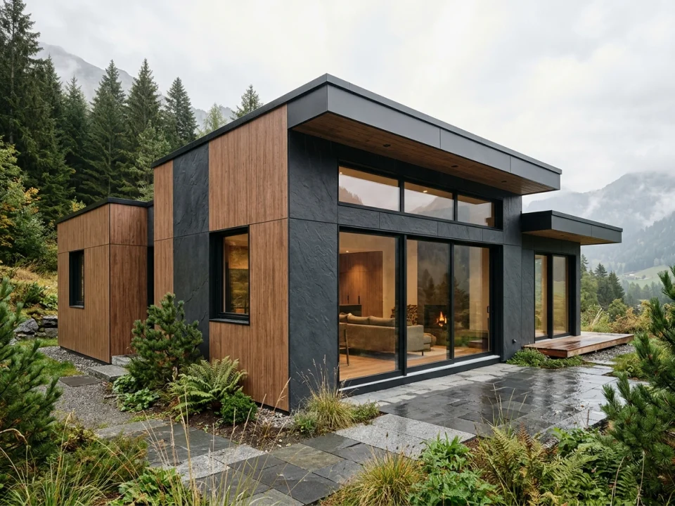 Modern modular residential cabin exterior featuring warm walnut wood-grain and dark slate-stone embossed fibre cement insulated ready-wall panels