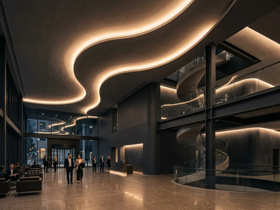 Architectural interior wall cladding featuring concrete-look and linear fibre cement panels