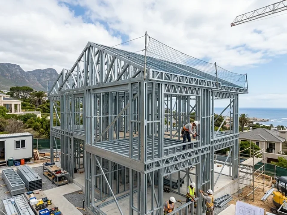 Light-gauge steel prefabricated building exterior clad with fibre cement boards and planks